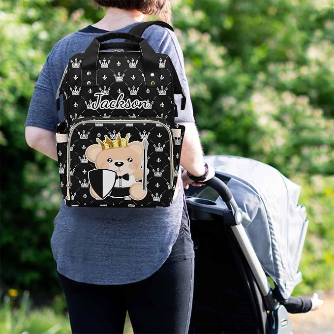 M YESCUSTOM Baby Diaper Bag Custom Name Personalized Crown Diaper Bag with Cartoon Prince Bear Suits for Women Travel Outdoor Use Black