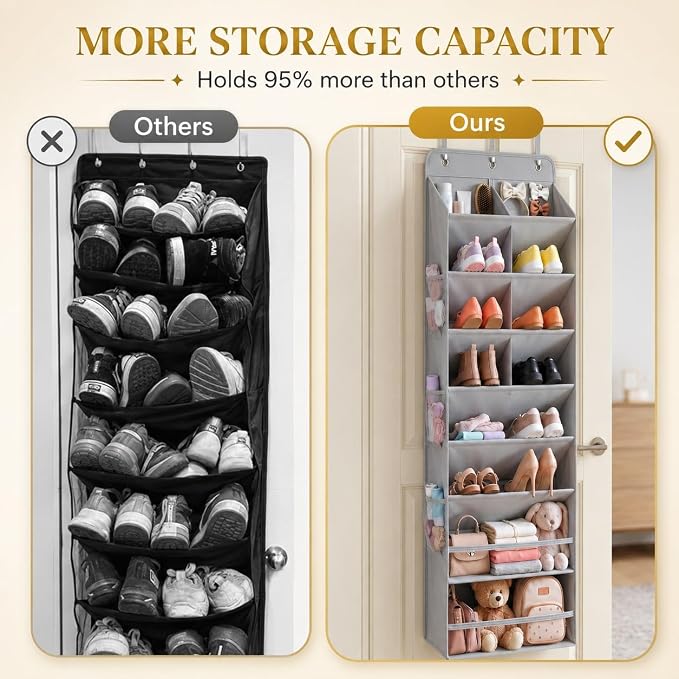 8 Tier Hanging Shoe Organizer – 100D Extra Thick Deep Pockets, Shoe Rack for Closet, Shoe Rack for Entryway, Over the Door Shoe Organizer for Closet with 6 Side Pockets for Boots (Transparent)