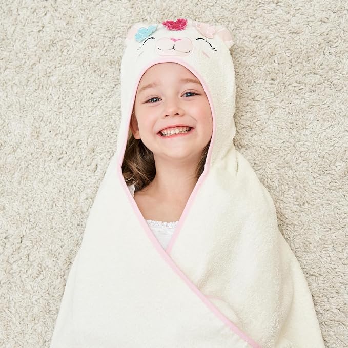 Style Quarters Baby Bath Towel - 100% Cotton Terry Soft Hooded Towel Cartoon Alpaca Baby Beach Towels Super Absorbent Large Embroidery Kids Hooded Bath Toddler Towel with 50"x30"(Milky White Alpaca)