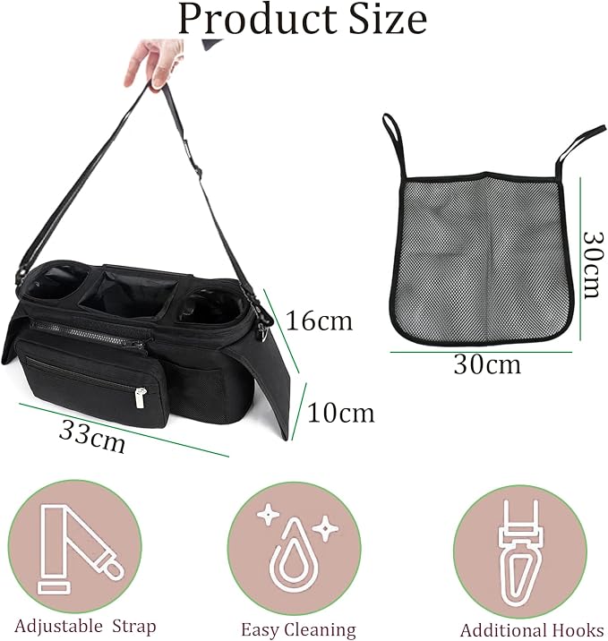 Universal Baby Stroller Organizer,with Heightened Insulated Cup Holder,Detachable Phone Bag,Shoulder Strap and Mesh Bag,Fits Most Strollers.