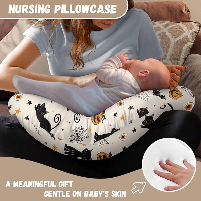 Pumpkin Bats Cobweb Black Cat Ultra Soft Baby Nursing Pillow Cover with Hidden Zipper Anti-Stains Comfortable Girls & Boys Breastfeeding Pillow Replacement Cover for Halloween Decor