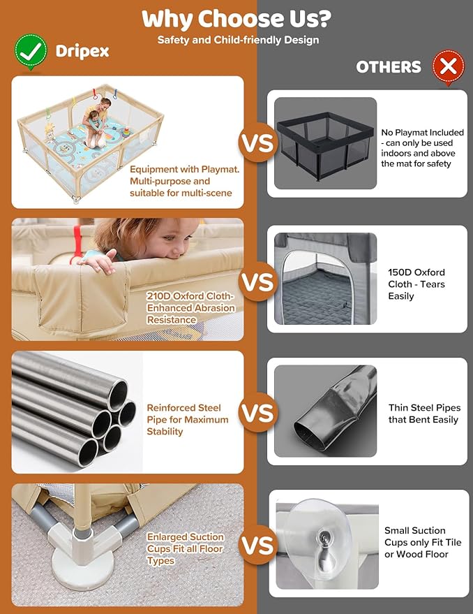 Dripex Baby Playpen with Mat, 71"x47" Play Pen for Toddlers 1-3 Years, Soft Breathable Visible Mesh, Indoor/Outdoor Portable Play Yard with Mat, Safe Baby Fence Play Area, Khaki