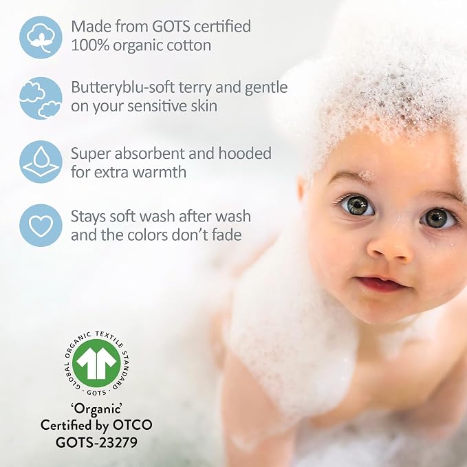 Butterblu Harper - 100% Organic Cotton Hooded Towels in Soft and Absorbent Baby Terry, 3-Pack, Blue, One Size
