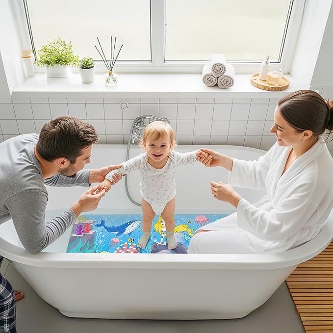 Upgrade Cartoon Baby Bath Mat Non Slip - 40"x16" Extra Long Bathtub Mat for Baby Eco Friendly Durable Bath Mat for Tub Non Slip Kids Tub Mat with Suction Cups, Machine Washable and No Fading, Mermaid