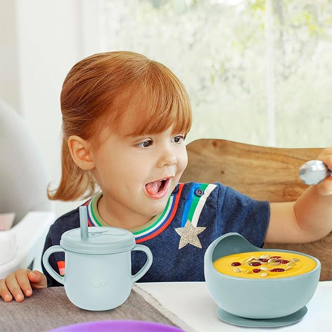 100% Silicone Baby Feeding Set,BPA Free Baby Dishes Set with Suction Bowl Divided Plate,Toddler Self Feeding Dish Set with Spoons Forks Sippy Cup and Bib, Baby Eating Utensils(Light Blue)