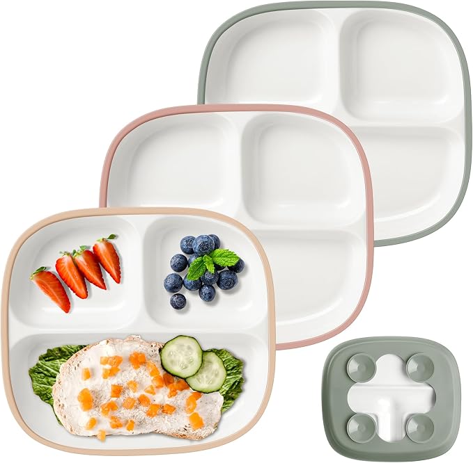Domensi Kids Porcelain Plates with Silicone Sleeves 8.2 Inch Divided Porcelain Plate Toddler White Suction Dishes for Baby Troubleless Eating Microwave Dishwasher Safe(Vibrant,3 Set)