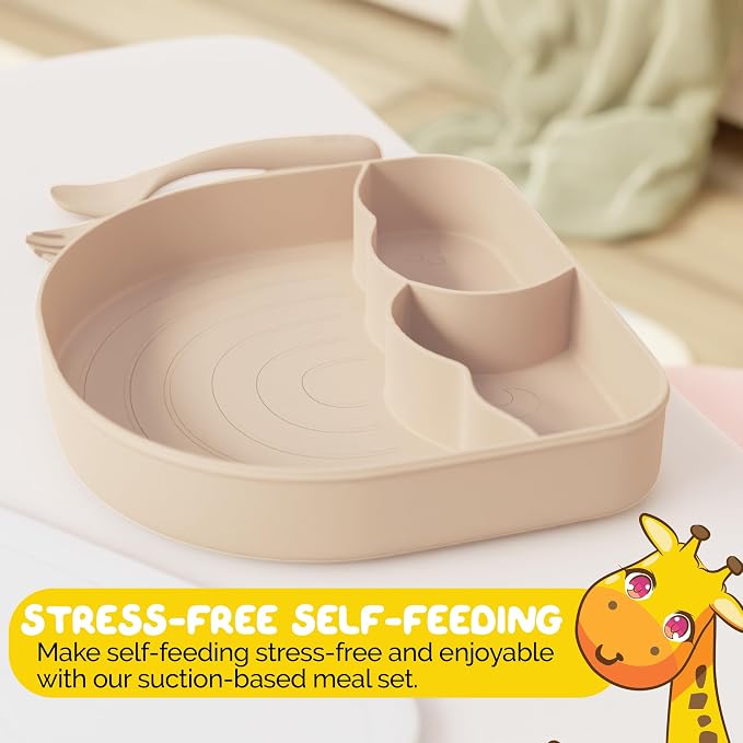 Silicone Baby Feeding Set with Sectioned Baby Plates with Suction and Baby Eating Utensils sets with Toddler forks and spoons - (3 Piece Set) Baby Led Weaning Supplies