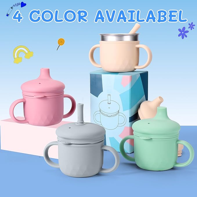 BUSOHA Stainless Steel Toddler Sippy Cup ??8oz Spill-Proof Straw Cup for 6+ Month Babies & Toddlers, 3-in-1 Reusable Travel Cup with Brush ??Dishwasher Safe, Kids Drinking Cup,Grey