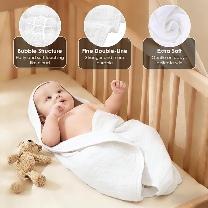 Sunny zzzZZ Muslin Hooded Baby Bath Towels - 3 Pack 100% Cotton Soft Low-Saturation Pastel Towels Including Classic White for Newborns, Infants, Toddlers - 32x32 Inch - Light Bean Paste and White