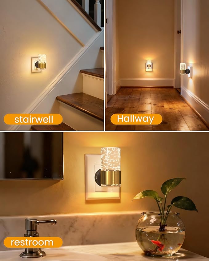 NIORSUN Night Light Plug into Wall, Dimmable Nights Lights with 3 CCT & 5 Brightness Levels, Slim Acrylic Plug in Night Light, Auto Dusk to Dawn Sensor for Stairs, Hallway, Bathroom, Gold, 4 Pack