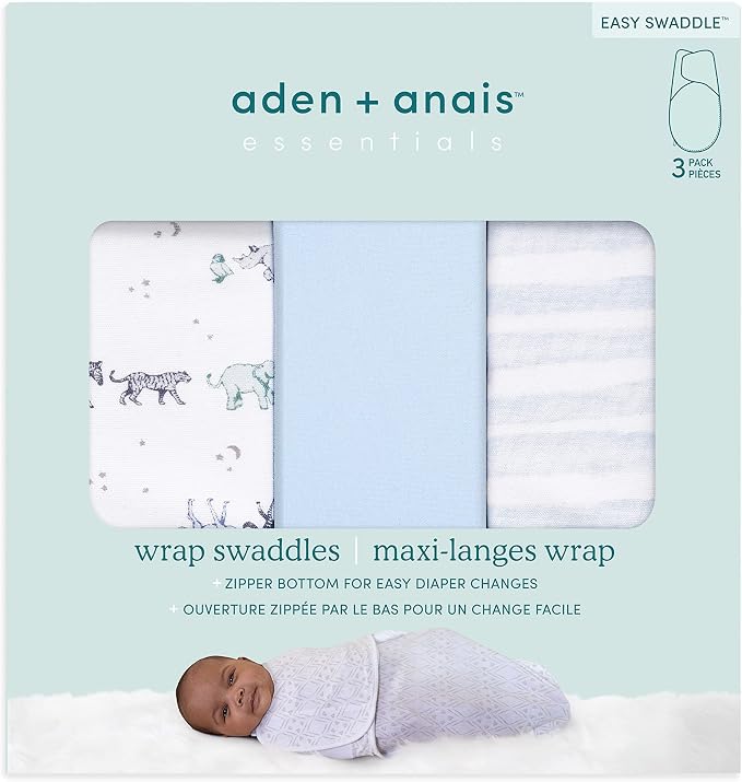 aden + anais Essentials Easy Swaddle Wrap Quick Change with Bottom Zipper, Snug Cotton Knit Baby Wrap Swaddle Blanket for Newborns, TOG 1.0, 3-Pack, Rising Star, 0-3 Months, Small/Medium