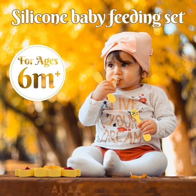 BabyX Silicone Feeding Set (3 PCs) Cove & Coast Series, Baby Plate with Suction Cup, Training Spoon and Fork, BLW Utensils for Toddler Kid, BPA-Free, Microwave/Dishwasher Safe - Yellow Crab