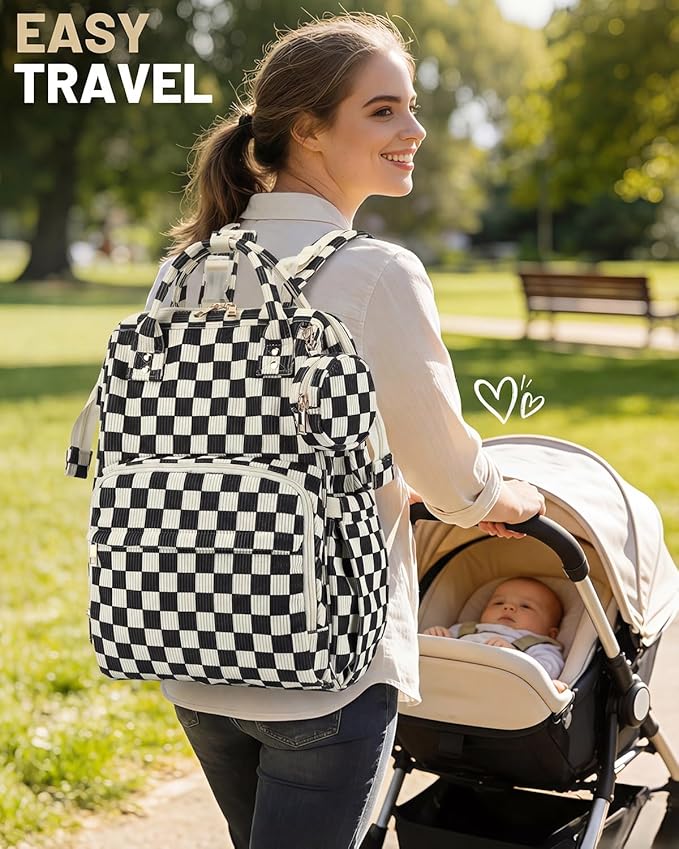 Corduroy Diaper Bag Backpack, Large Capacity Multifunction Baby Diaper Bags for Women, Insulated Bottle Pockets & Pacifier Case, Stylish Travel Nappy Changing Bags for Mom Dad (Checkered Black)