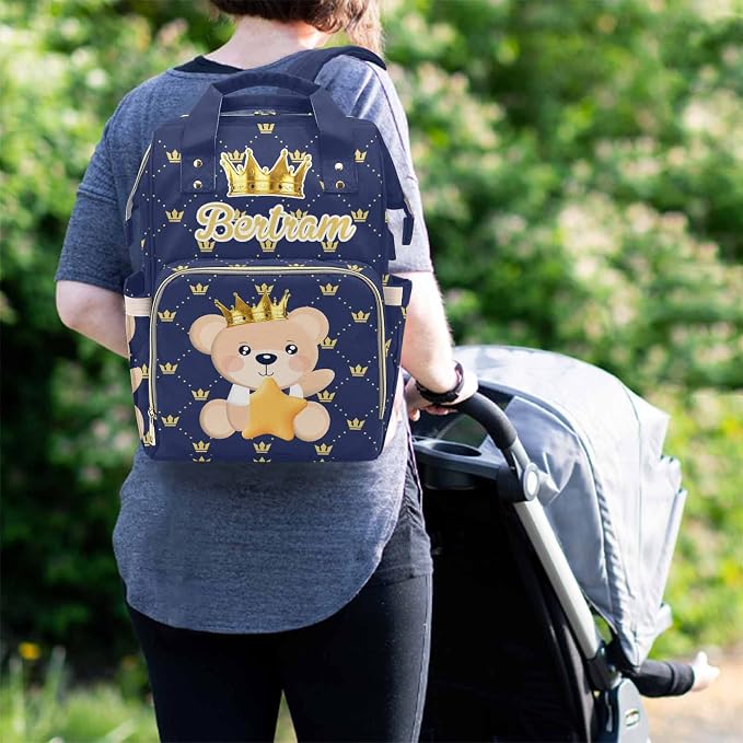 Personalized Prince Bear Mommy Bag with Name, Custom Golden Crown on Blue Plaid Diaper Bags, Waterproof Nylon Backpack for Travel with Large Capacity, Nursing Daypack for Women New Mom