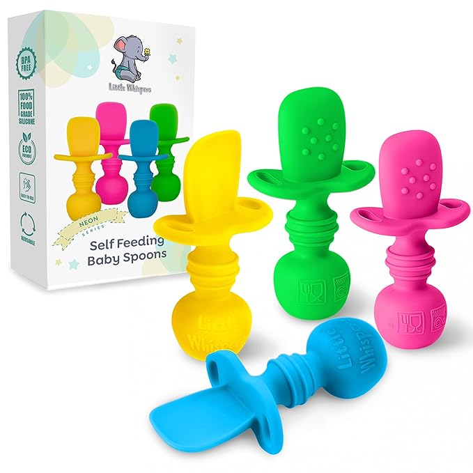LittleWhispers Baby Silicone Spoons - Self Feeding 6 Months - Infant, Toddler, & Kid Friendly Utensils - First Stage, Baby Led Weaning - 4 Pack Utensil Set (Neon)