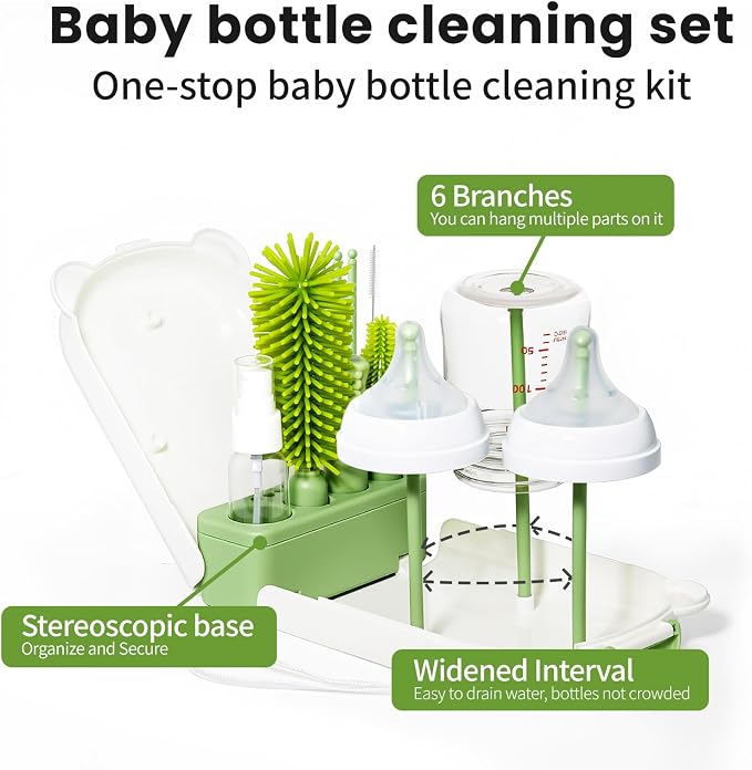 LEQXGO Travel Baby Bottle Cleaner Kit with Storage Case, 7-in-1 Baby Bottle Brush Set with Drying Rack for Breast Pump Parts, Bottle Washing Kit - Baby Travel Essential for Flying & On-the-Go (Green)