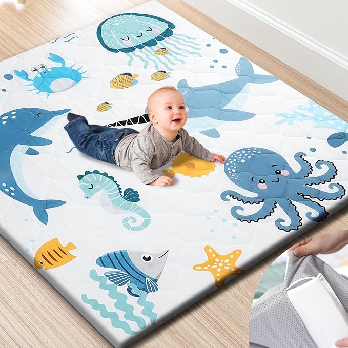 TINYHARBO Premium Foam Baby Play Mat 50x50 ??Removable & Machine Washable Cover, Extra Thick Padding Playpen Mat, Non-Slip Crawling Mat, Easy to Clean for Infants, Toddlers & Babies