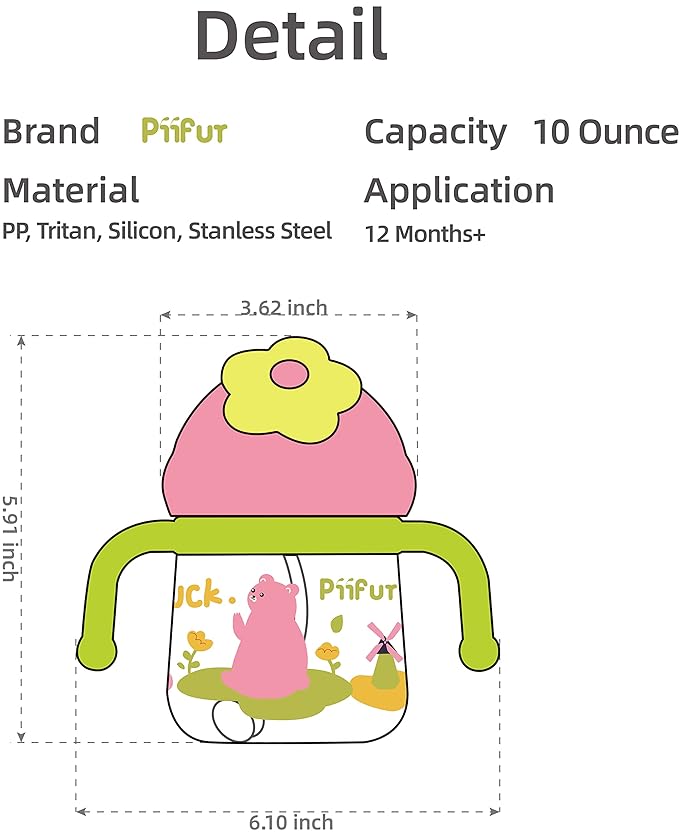 Piifur Weighted Straw Sippy Cup with Strap, Spill Proof Sippy Cups for Baby 2 Year Old, Trainer Cup for Toddlers, 10oz/300ml, Green