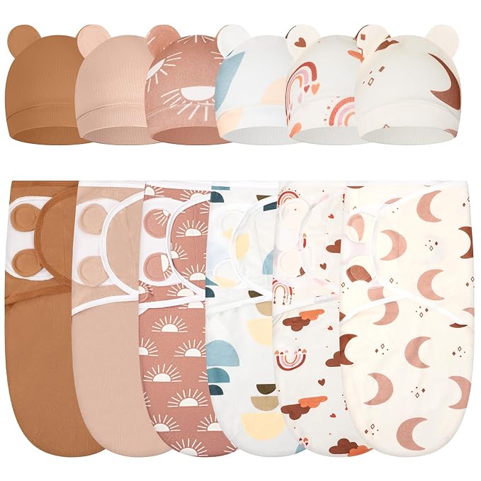 Ramede 6 Pack Swaddle Blanket with Hats for Baby Girl Boy 100% Cotton Swaddles 0-3 Months, Adjustable Breathable Skin Friendly Receiving Blanket Wrap, Essential for Newborns(Boho,Khaki)