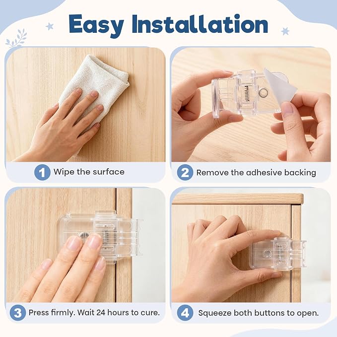 Baby Proofing Drawer Locks,Viaky Child Safety Cabinet Locks,No Drilling or Tools Required,Multi Use Baby Cabinet Latches for Drawers Cupboards Ovens Cabinets(4 Pack,Transparent)