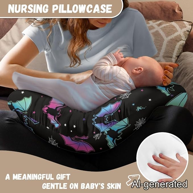 Nursing Cover for Breastfeeding, Multifunctional Breast Feeding Pillows for Mom, Removable Nursing Pillows for Breastfeeding, Happy Halloween Pillow Cover, Bat Black