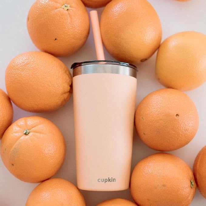 CUPKIN Toddler Tumblers, The Original 12 oz Stackable Stainless Steel Cups, Set of 2 Powder Coated Insulated Kids Water Bottle Alternative & BPA Free Lids + Reusable Silicone Straws (Peach + Teal)