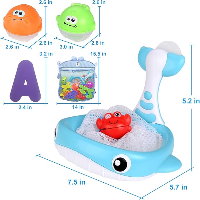 Bath Toy Sets, 36 Foam Bath Letters and Numbers, Floating Squirts Animal Toys Set with Fishing Net and Organizer Bag, Fish Catching Game for Babies Infants Toddlers Bathtub Time