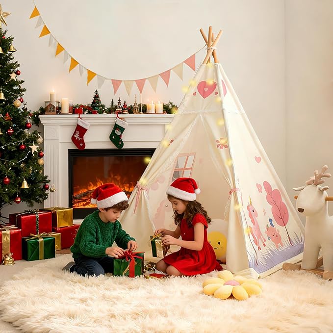 Teepee Tent for Kids, Play Tent with Padded Mat & Star Lights, Indoor Play Tent for Girls & Boys, Pink Unicorn