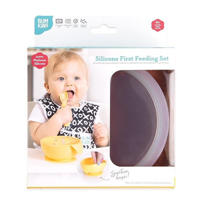 Bumkins Feeding Set with Suction, Includes Spoon and Lid, Training Essentials for Baby-Led Weaning, Toddler Self-Feeding, Babies Eating at 4 Mos Up, Clay