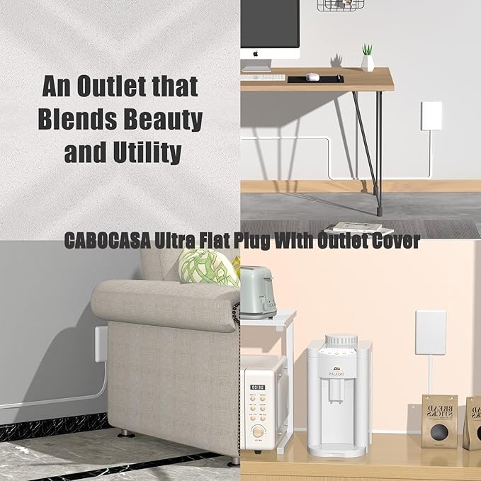 CABOCASA 2 Pack 8FT Ultra Flat Plug Extension Cord Power Strip with 3 Outlets, Patented Detachable Ultra-Thin Outlet Cover Concealer & Ultra-Flat Plug, Max. 13A 125V 1625W ETL Listed, White Color