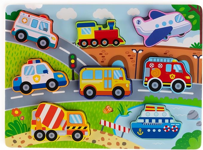 Jasey's Toy Chest Wooden Vehicles Puzzle & Play Pieces - 9-Piece Chunky Wooden Board Set with Train, Airplane, Police Car, Fire Truck, & More for Toddlers Ages 12+ Months