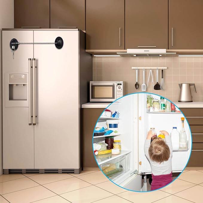 Hotop 4 Pack Cabinet Locks with Keys Refrigerator Fridge Locks Replacement with Steel Wire Self Adhesive Child and Baby Proofing Safety for File Drawers Deep Freezer Doors Latch(Black)