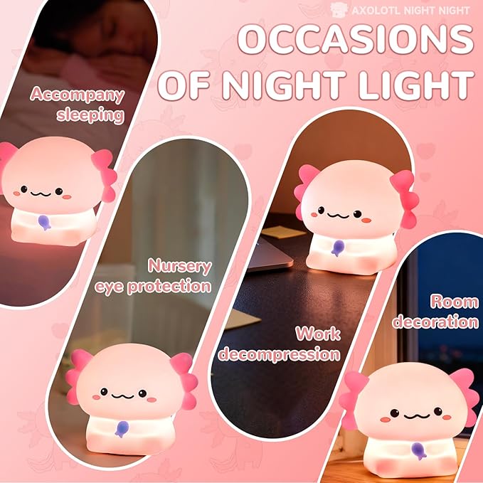 Axolotl Night Light for Kids, Adjustable and Timed Silicone Night Lamp, Axolotl Lamp Room Decor for Nursery Bedroom Suitable for Girls Women