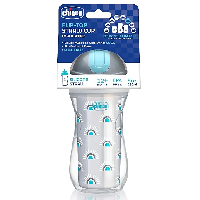 Chicco Insulated Straw Sippy Cup 12+ Months, 9oz Toddler Training Cup with Spill-Free Flip-Top Lid, BPA-Free 2-Pack, Silver/Blue Sunburst