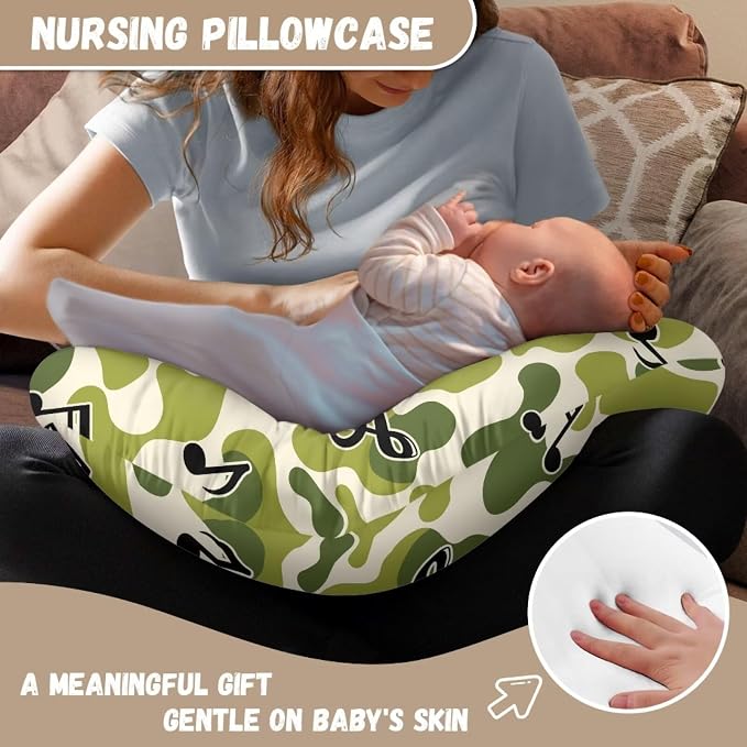 Green Camouflage Music Notes Nursing Pillow and Positioner Detachable Newborn Original Breastfeeding Slipcover Case Lightweight Head Support Protector Cushion Easy to Use