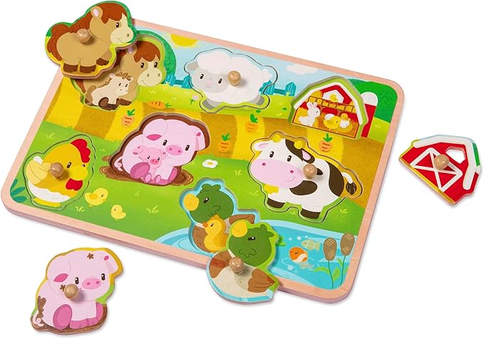 Battat – Farm Animals Wooden Peg Puzzle Educational Toy for Toddlers – Fine Motor Skills Development Colorful Farm Life Play Set – 2+ Years
