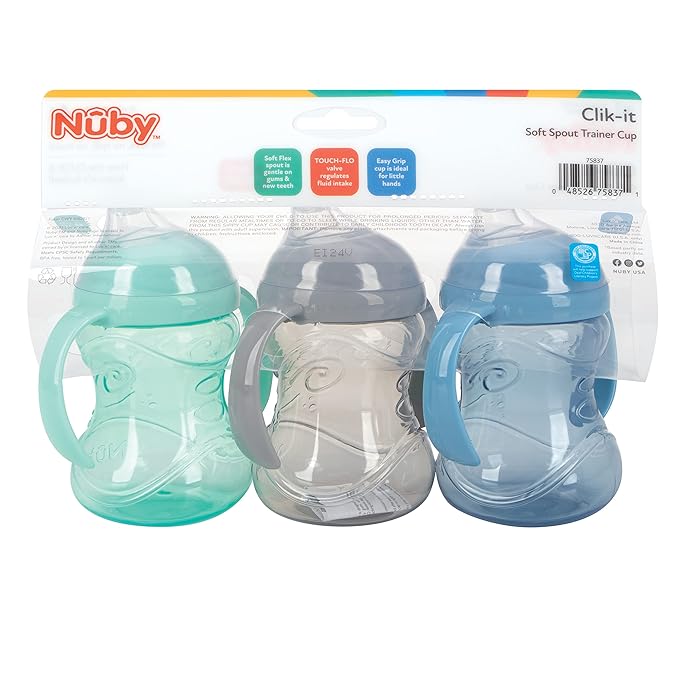 Nuby 3 Piece No-Spill Grip N??Sip Cup with Soft Flex Spout, 2 Handle with Clik It Lock Feature, Neutral,10 Ounce