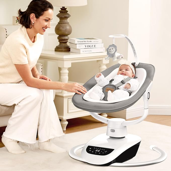 Angelbliss Baby Swing with Custom Motion, 3D-Motion Electric Swing with 6 Unique Motions & 4-Speeds, Bluetooth Enabled, 13 Preset Lullabies (Grey)