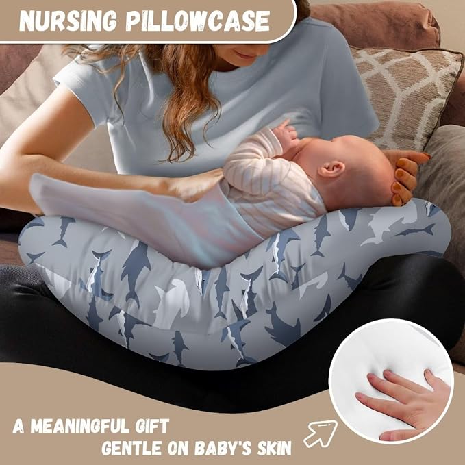 Shark Breastfeeding Pillowcase for New Moms & Babies Comfortable Scratches-Proof Nursing Pillow Cover with Hidden Zipper for Nursery Room Sofa Decor