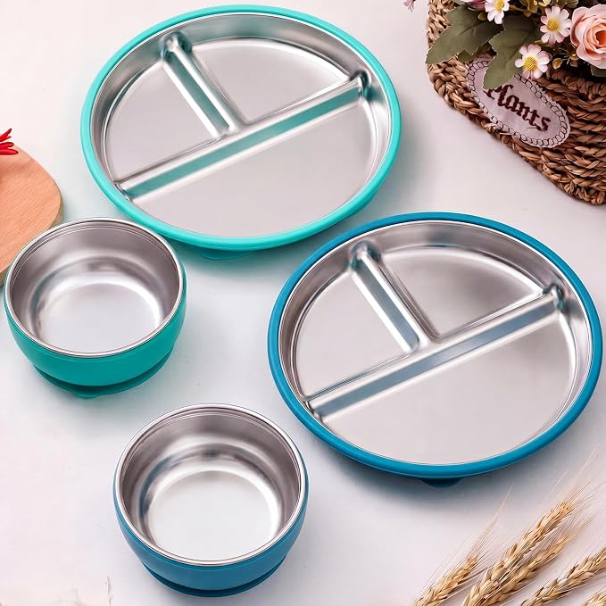 Havawish 4 Pcs Stainless Steel Baby Plate and Bowl with Suction, 8.3" Kid Divided Plate 4" Toddler Bowl with Removable Silicone, BPA-free Non-slip Baby Feed Set Dishwasher Safe for Boy Girl (Cyan)