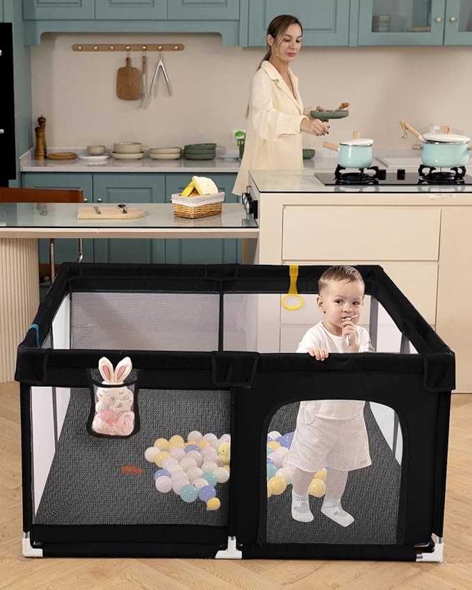 Upgraded Dearlomum Baby Playard, 50"x50" Baby Playpen with Gate, Anti-Slip Thick Base & Soft Mesh Sides, Indoor & Outdoor Activity Center for Toddlers (Black)