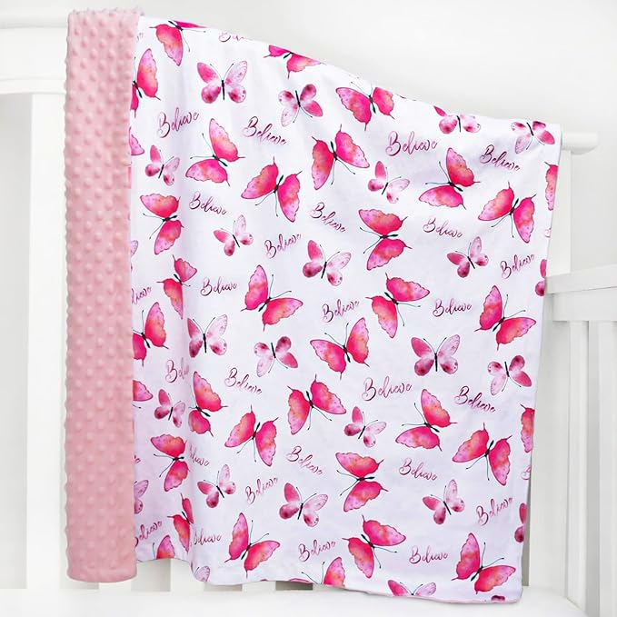 Butterfly Baby Blanket for Girls, Believe Print Soft Toddler Minky Receiving Blanket with Double Layer Dotted Backing for Newborn Infant Nursery Stroller Crib 29.5 x 39.3 Inch