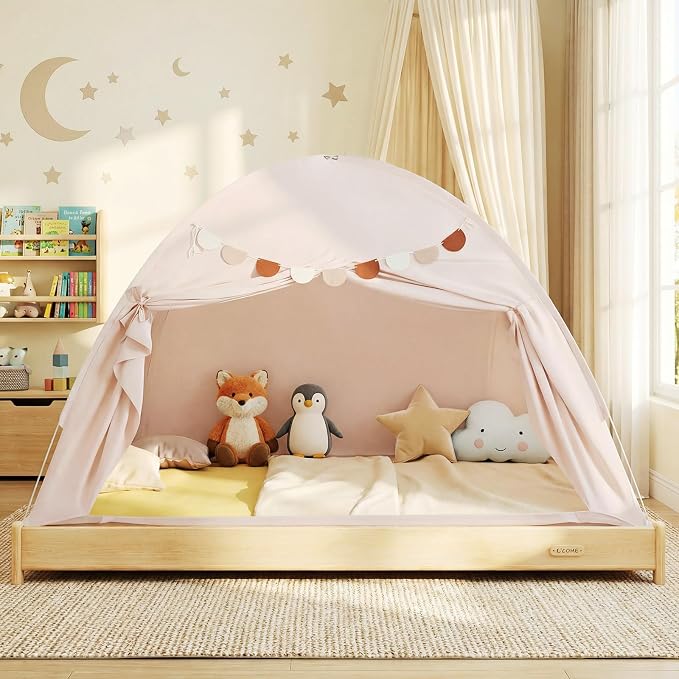 HONEY JOY Bed Tent Twin for Kids, Foldable Play Tent Canopy w/Flags, Windows, Indoor Outdoor Playhouse Toddler Tent, 79” x 39” x 48”, Washable, Kids Tent for Boys Girls Aged 3+, Birthday (Beige)