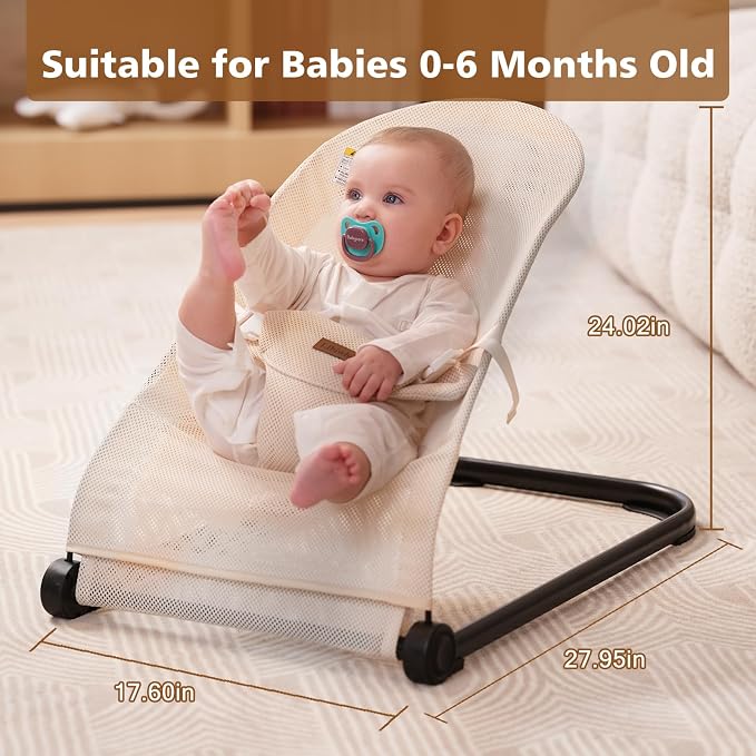 Baby Bouncer,Baby Bouncer Seat,Portable Infant Bouncer with 3-Point Safety Harness,Ergonomic Bouncy seat, Bouncer for Babies 0-6 Months up to 20lbs (Mesh Beige)