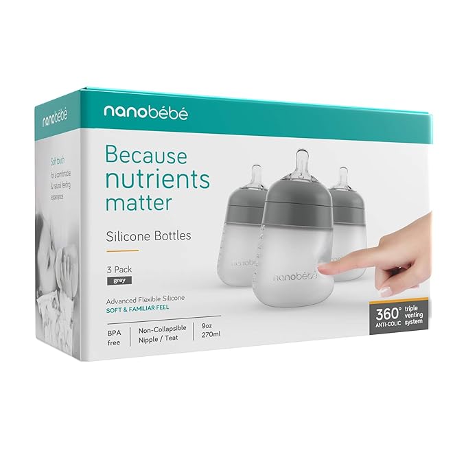 Nanobebe Flexy Silicone Baby Bottle, Anti-Colic, Natural Feel, Non-Collapsing Nipple, Non-Tip Stable Base, Easy to Clean, 3-Pack, Gray, 9oz