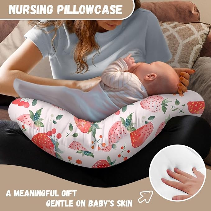 Forchrinse Pink Strawberry Nursing Pillow Cover for Girls Princess Nursing Pillow Slipcover for Breastfeeding Moms,Easy to Care, Medium