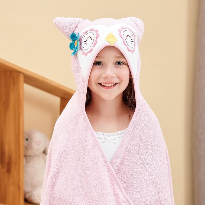 Style Quarters Baby Bath Towel - 100% Cotton Terry Soft Hooded Towel Cartoon Owl Baby Beach Towels Super Absorbent Large Embroidery Kids Hooded Bath Toddler Towel with 50"x30"(Pink Owl)