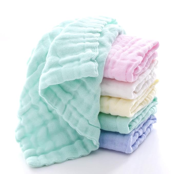 MUKIN Baby Washcloths - Natural Cotton Baby Wipes - Soft Newborn Face Towel for Sensitive Skin - 10 Pack, 12x12 inches (Multicolored)