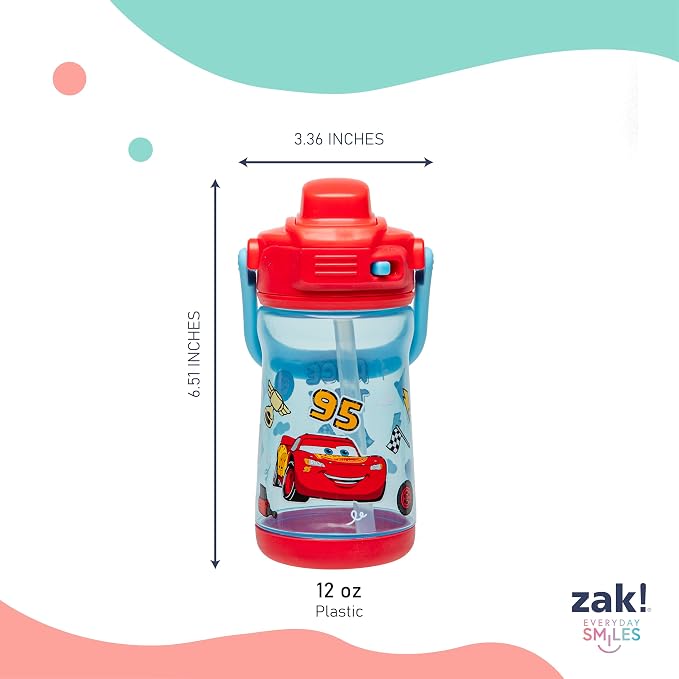 Zak Designs Disney Pixar Cars Beacon Kid Water Bottle for Travel or At Home, 12oz Plastic is Durable and Leak-Proof with Liquid Lock Spout, Cover, Carry Handle, Protective Base (Lightning McQueen)
