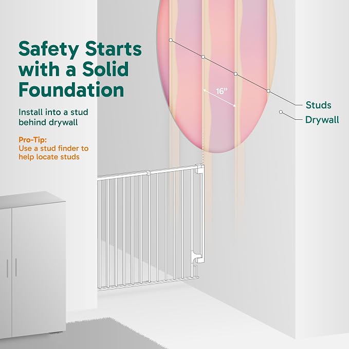 Cumbor 34" Extra Tall No Bottom Bar Baby Gate for Stairs, Hardware Mounted Dog Gate Indoor for Larger Pets, Expandable 29.2-43" Safety Gate for Doorways, Wide Walk Thru Door for Easy Access (White)